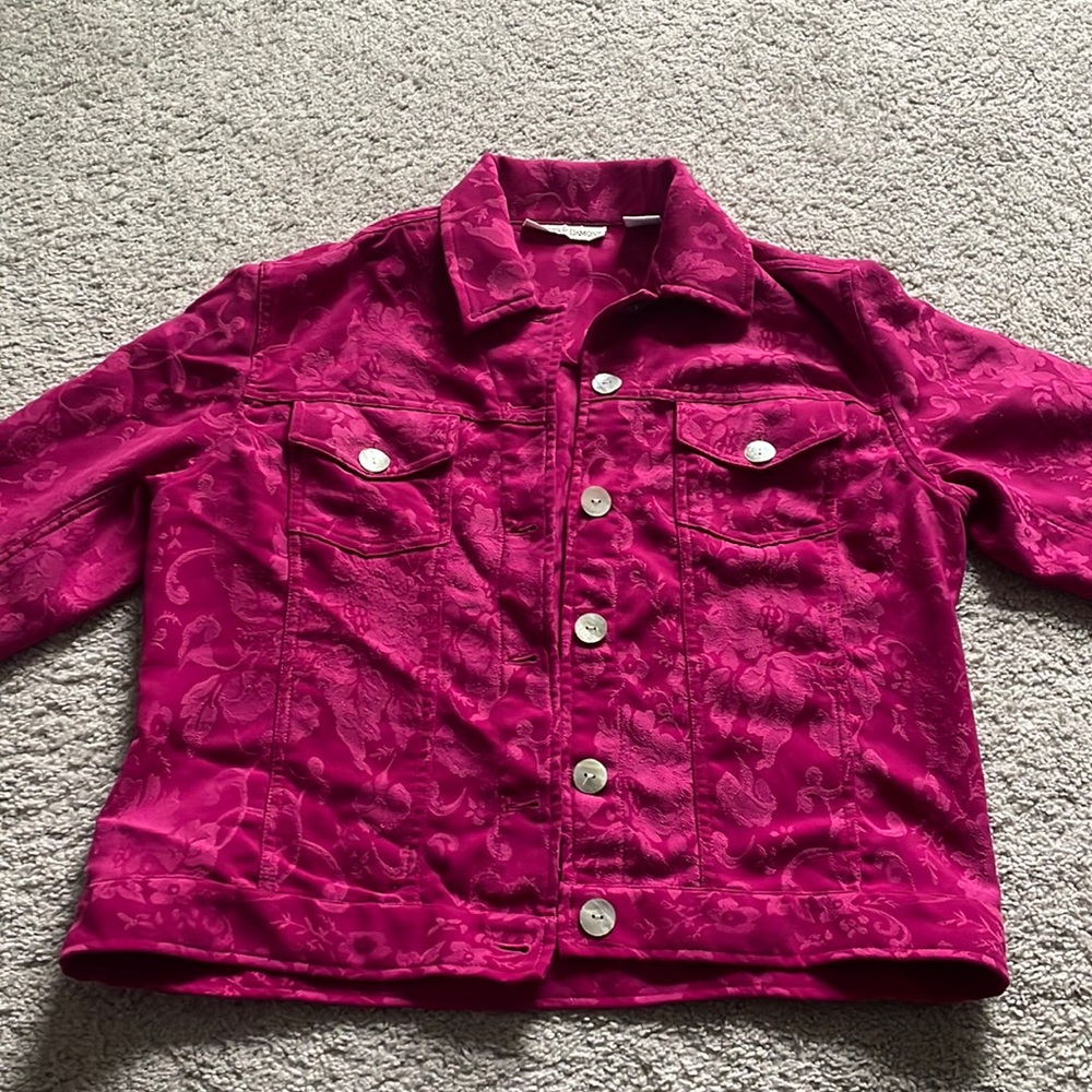 Pink patterned jacket, lighter weight than a jean jacket, size M